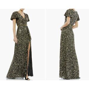 Mac Duggal Black Gold Sequins Flutter Sleeve Maxi Dress Formal Gown NWT Size 16